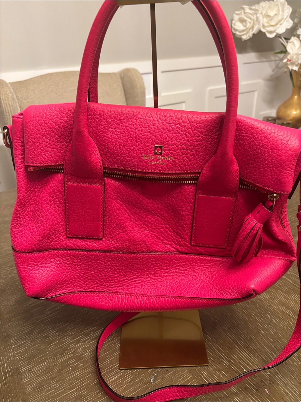 kate spade Bright Hot Pink Leather Shoulder Bag with Tassel